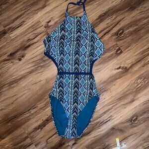 Blue White Time and Tru Nation Monokini with Open Back Size Large